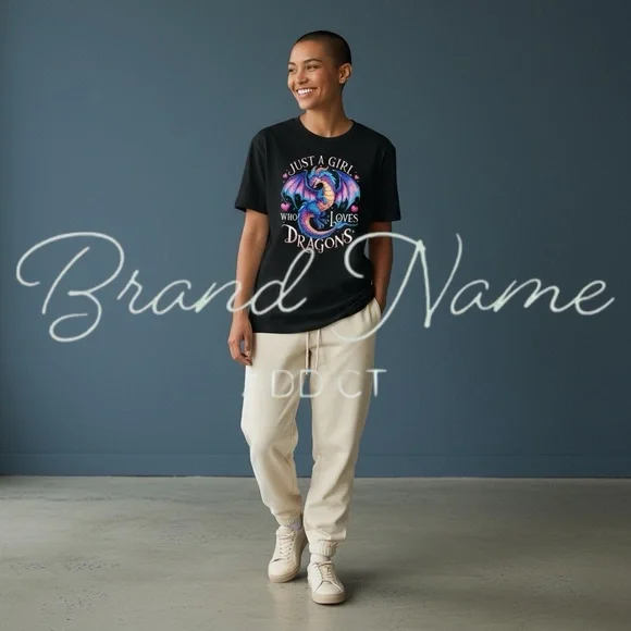 “Just A Girl Who Loves Dragons” 100% Cotton Black Short Sleeve Tee - Picture 3 of 3